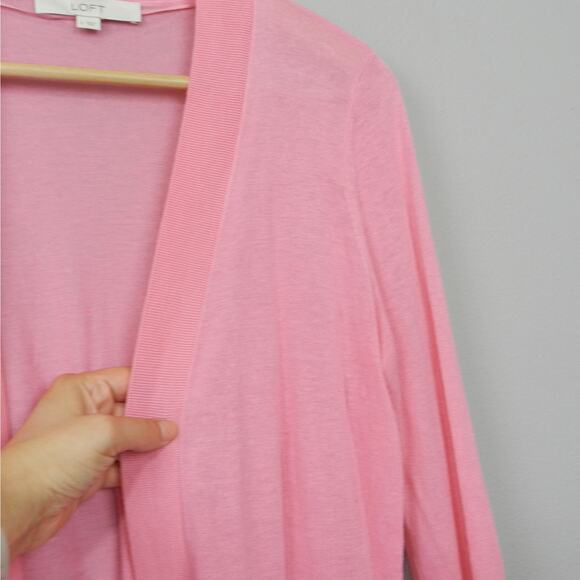 LOFT Open‎ Front Knit Longline Cardigan Sweater Size S Bubblegum Pink Sheer - Picture 4 of 9